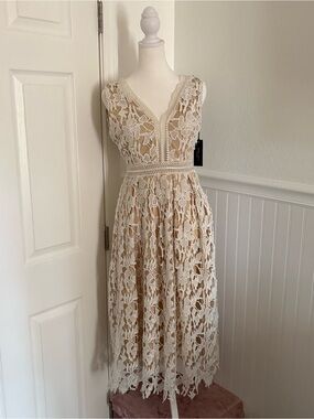 Sleeveless Ivory Lace Midi A-Line Dress with V-Neck with Nude Underlay